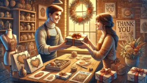 DALL·E 2024-10-29 13.09.25 - A beautifully detailed, 3_2 format illustration representing customer satisfaction in handmade artisan crafts. The scene depicts a delighted customer