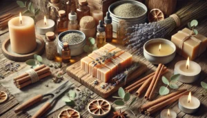 DALL·E 2024-10-29 13.34.34 - A beautifully detailed, 3_2 format illustration showcasing raw materials for candle making, emphasizing quality and nature. The scene includes natural
