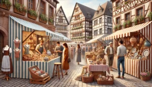DALL·E 2024-11-04 15.33.06 - A beautifully detailed, realistic 3_2 format illustration of a contemporary Alsatian artisan market in the style of Strasbourg. The scene includes var