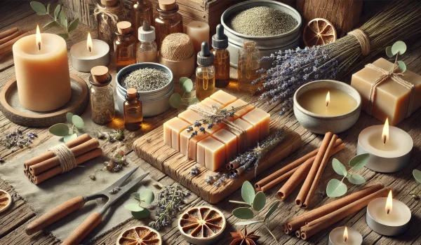 DALL·E 2024-10-29 13.34.34 - A beautifully detailed, 3_2 format illustration showcasing raw materials for candle making, emphasizing quality and nature. The scene includes natural