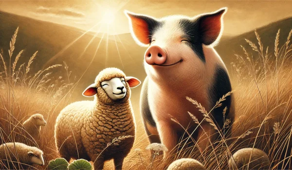 DALL·E 2024-10-29 13.39.22 - A beautifully detailed, 3_2 format illustration depicting animal well-being, featuring a happy pig and a relaxed sheep in a natural outdoor setting. T