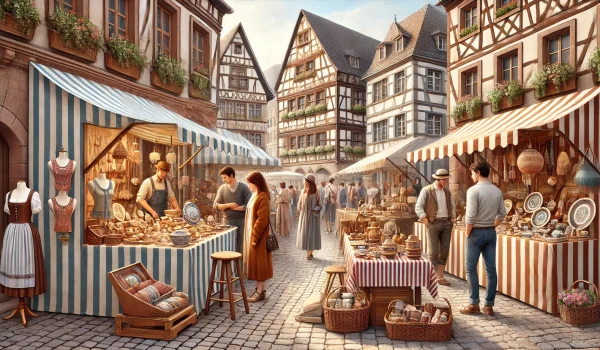 DALL·E 2024-11-04 15.33.06 - A beautifully detailed, realistic 3_2 format illustration of a contemporary Alsatian artisan market in the style of Strasbourg. The scene includes var